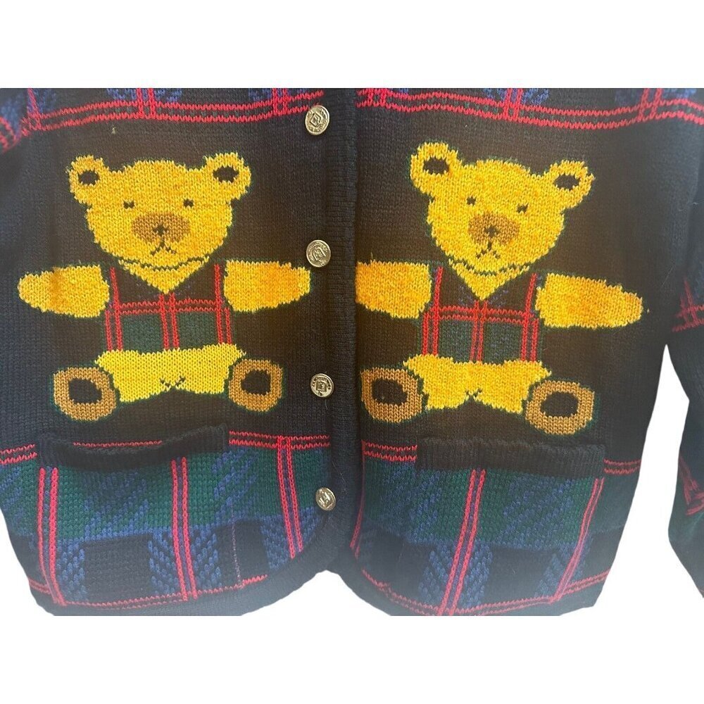 Tally Ho Sweater Cardigan Vtg 90s Plaid Teddy Bear Knit Womens Small - Picture 7 of 9
